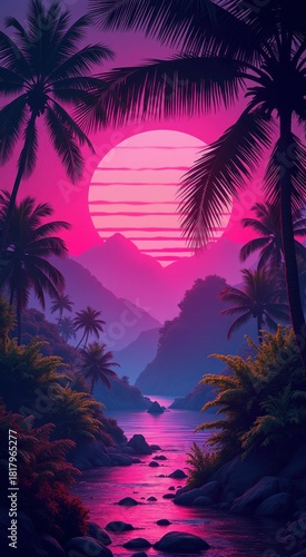 A view of a river with palm trees and a sunset