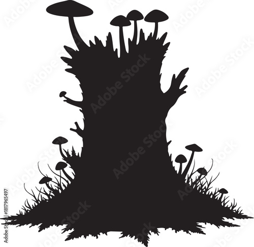 Black silhouette of mushrooms growing on a tree stump