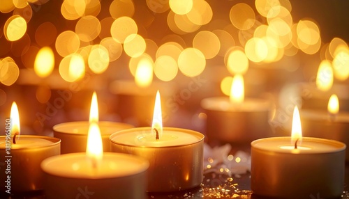 Horizontal wallpaper with lots of little candles with fire. Soft light from tee candles creating a peaceful atmosphere.