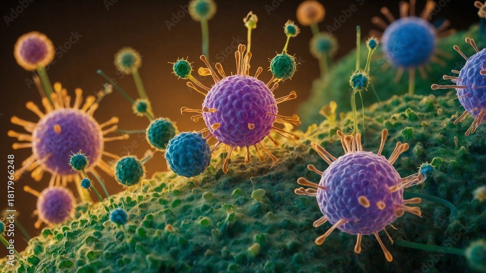 Fototapeta premium Purple virus particles attaching to green host cell surface