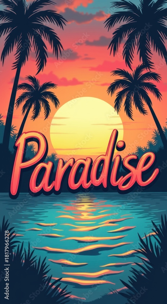 Obraz premium Sunset with palm trees and the word paradise
