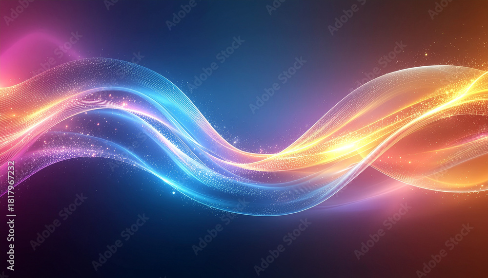 Naklejka premium Abstract glowing light waves with a vibrant color gradient and sparkling particles on a dark background.