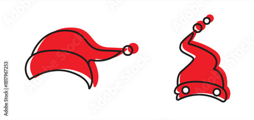 Santa hat icon set, collection of red Santa hats, festive New Year decoration elements. Vector illustration.

