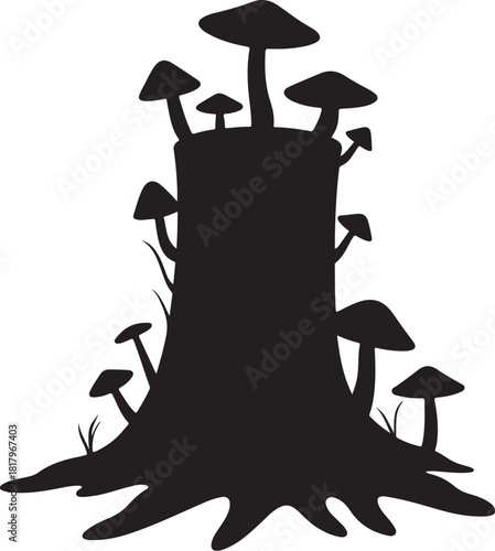 Black silhouette of tree stump with mushrooms and grass