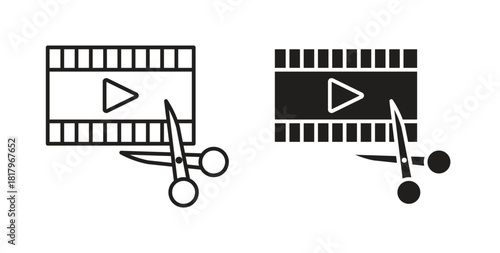 Video editing icons with simple flat and thin stroke style