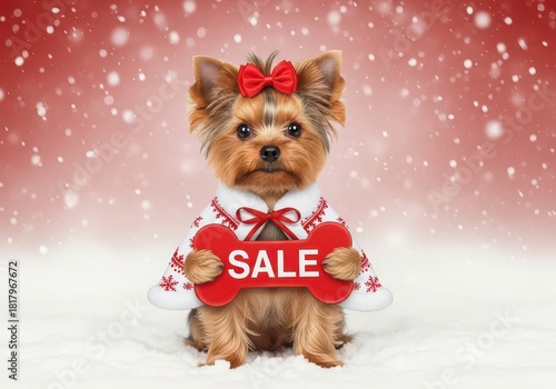 Cute Yorkshire Terrier Puppy Dressed for Winter Sale with Snowfall Background Holiday Shopping and Festive Offers
