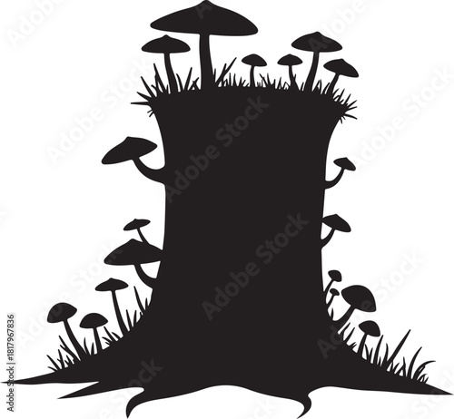 Black silhouette of tree stump with mushrooms and grass