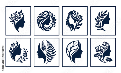 Elegant woman face leaf floral beauty logo design set for spa salon nature and wellness brand