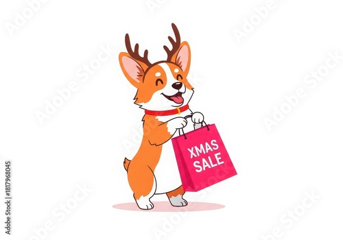 Festive Corgi with Antlers Holding Xmas Sale Shopping Bag Cartoon Illustration for Holiday Season Marketing