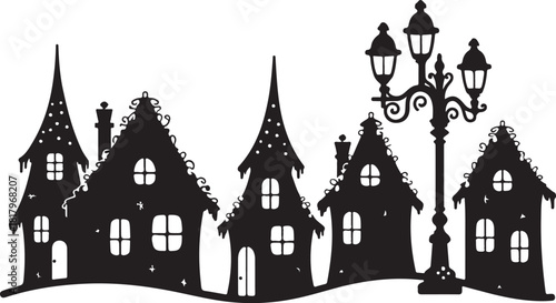 Black silhouette of whimsical houses and street lamp