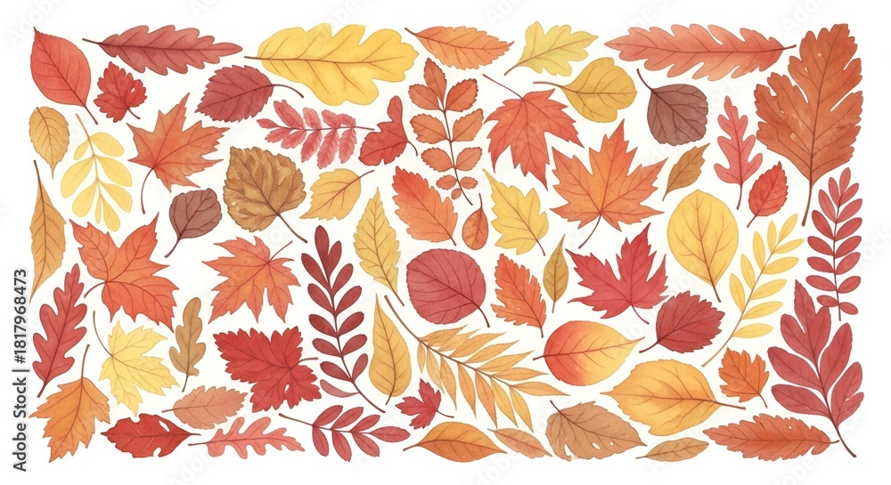 Fototapeta premium Watercolor painting showcases various autumn leaves, bringing a sense of seasonal beauty