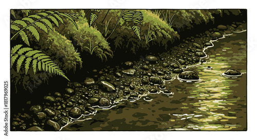 A serene forest riverbank with dense green ferns and moss-covered rocks, reflecting sunlight on the calm water, creating a tranquil natural landscape.