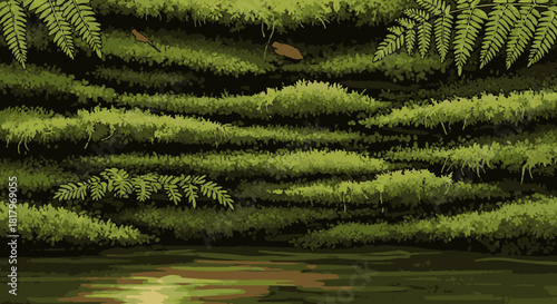 A captivating pixel art scene portrays a dense, vibrant green jungle with calm water reflecting the verdant foliage, evoking a nostalgic retro game feel.