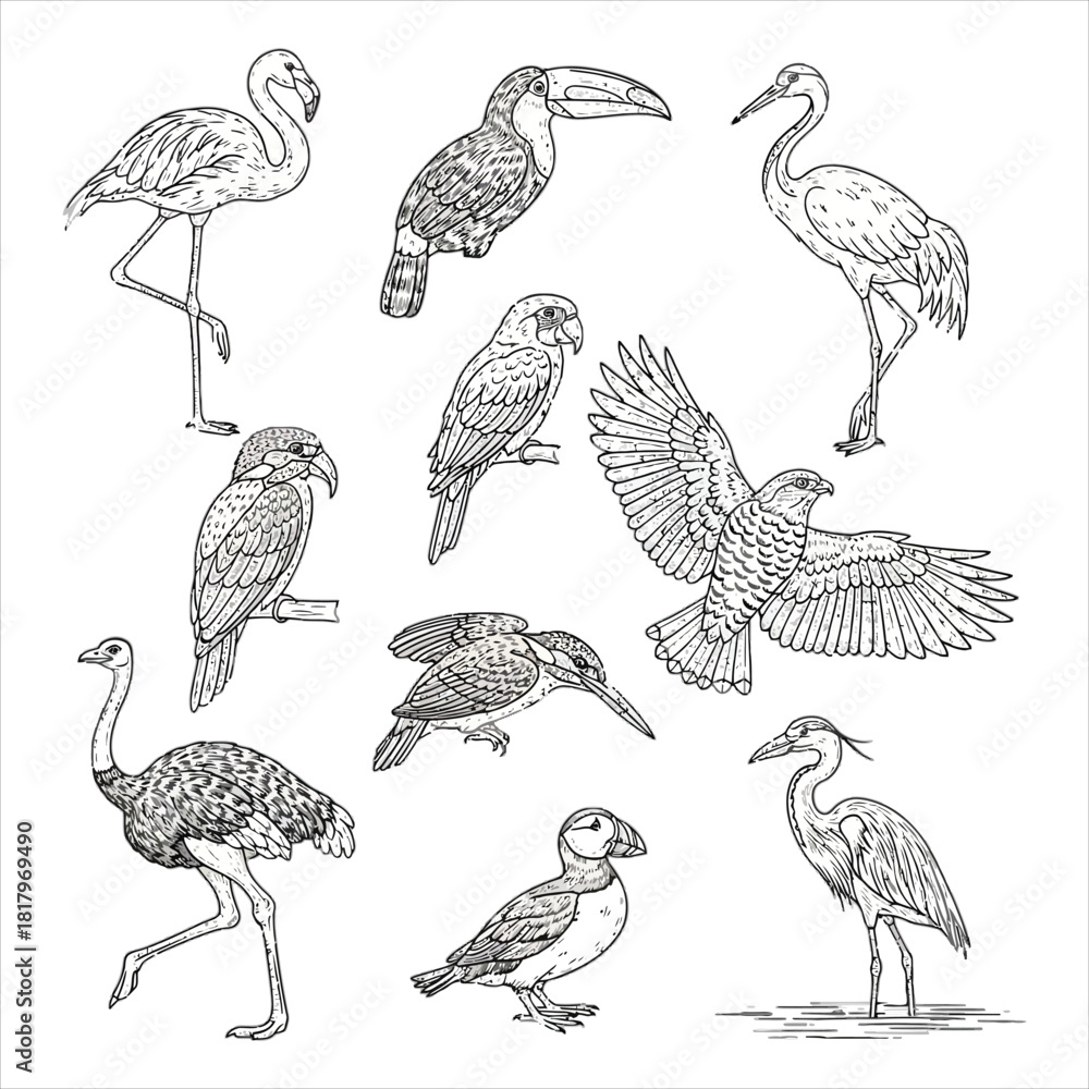 Obraz premium Diverse collection of hand-drawn wild birds