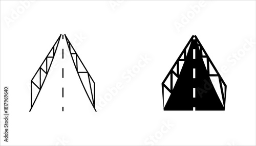 : Road and Bridge Infrastructure Icon Black solid icon set . of a road on a steel structure bridge representing infrastructure, transportation development, travel route, and public construction.