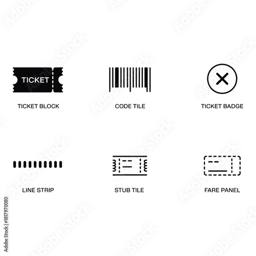 Collection of ticket and barcode icons for event access and identification