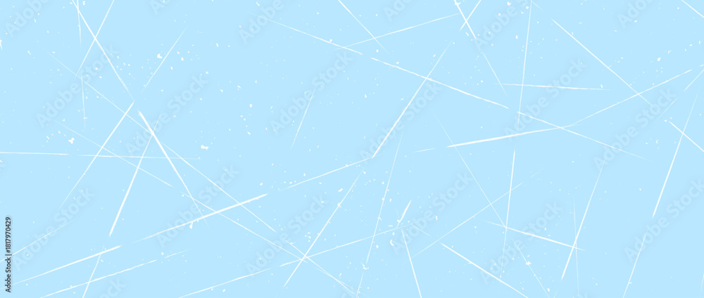 Obraz premium Scratched ice surface texture. Blue icy background with skate traces, cracks, scratches. Frozen lake or pond water wallpaper with dots, spot and lines. Rough winter sport rink backdrop. Vector