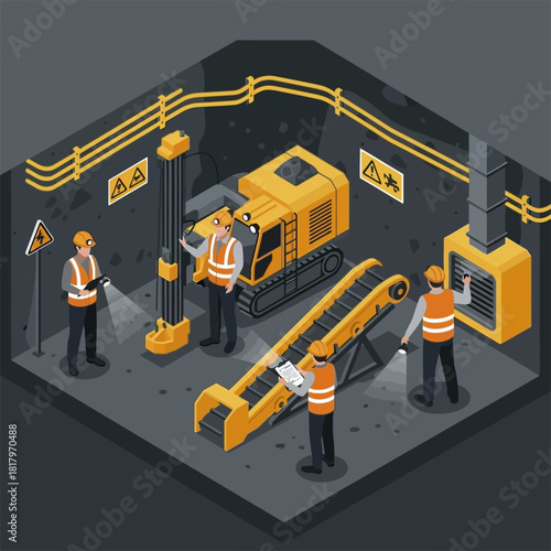 Isometric Underground Mining Operations with Workers and Heavy Machinery.