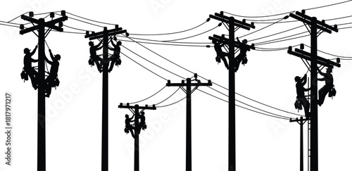 Utility pole silhouettes, electrical transformers, power lines, cable network, energy distribution, black vector, infrastructure system, voltage grid