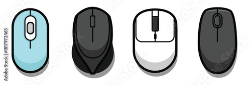 Vector set of computer mice in flat modern style — collection of four mouse designs including wireless, ergonomic, and minimalist shapes. Clean outlines, simple colors, and top-view layout