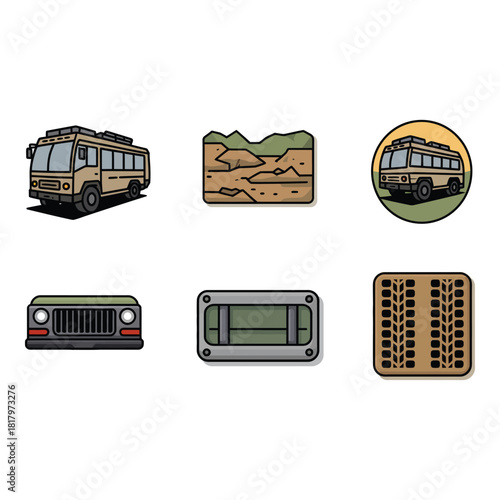 Vintage camper van and outdoor adventure illustrations