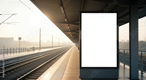 Fototapeta Naklejka Na Ścianę i Meble -  Empty advertising billboard at a train station platform surrounded by tracks and urban scenery, providing ample space for promotional content and creative designs