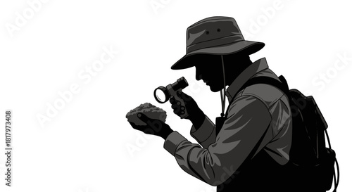 Dedicated scientist meticulously examines soil sample with magnifying glass, revealing hidden details for groundbreaking discovery.