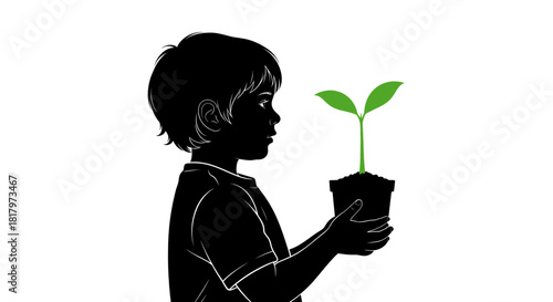 Curious child's silhouette gently holds a vibrant green seedling in a pot, symbolizing growth and future potential.