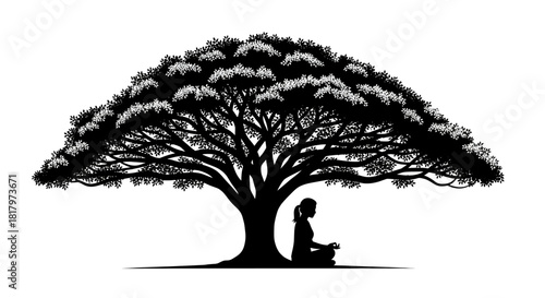 Serene silhouette of a woman meditating peacefully under a large, lush tree, embodying tranquility and mindful escape.
