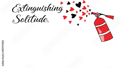 Fire extinguisher spraying red and black hearts symbolizing extinguishing solitude and finding love