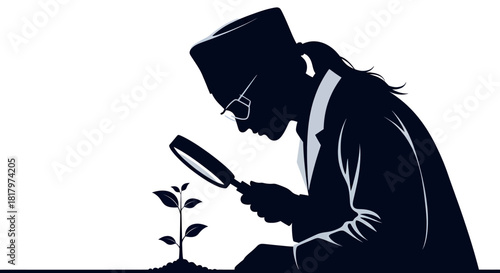 Visionary entrepreneur meticulously examines seedling growth with magnifying glass, symbolizing startup development and future success.