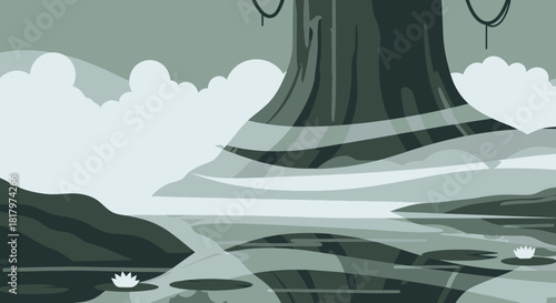 A serene monochrome illustration features a majestic tree trunk overlooking a tranquil lake with lily pads, reflecting distant hills and a cloudy sky.