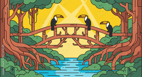 Three colorful toucans perch peacefully on a rustic wooden bridge spanning a serene river, surrounded by lush tropical rainforest under a radiant sun.