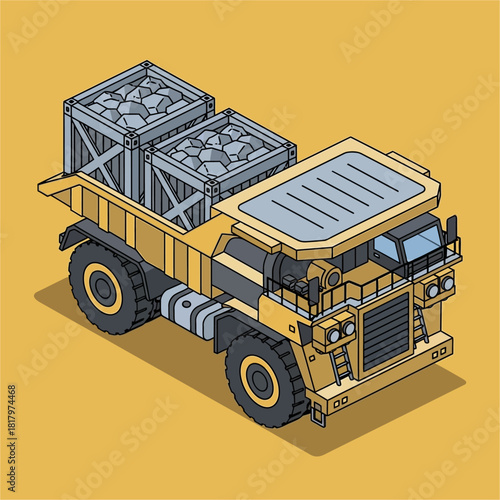 Isometric yellow mining haul truck carrying crates of ore.