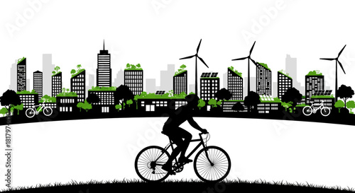 Dynamic cyclist embraces sustainable city living with wind turbines and green architecture symbolizing eco friendly future and urban progress