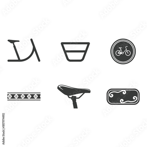 Collection of bicycle component icons and decorative elements