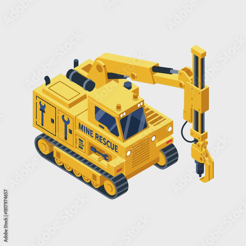 Isometric yellow mine rescue vehicle with a large drilling rig.