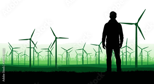 Visionary leader stands empowered amidst a vast, modern wind farm, symbolizing sustainable energy future and innovation.