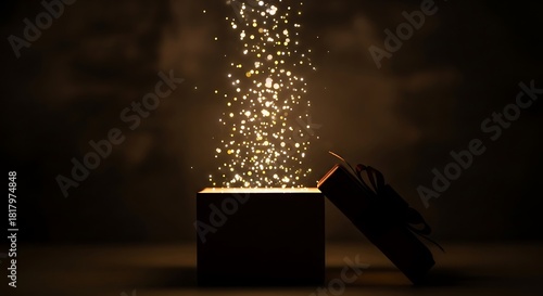 Magical gift box unleashing golden sparkles and light in darkness