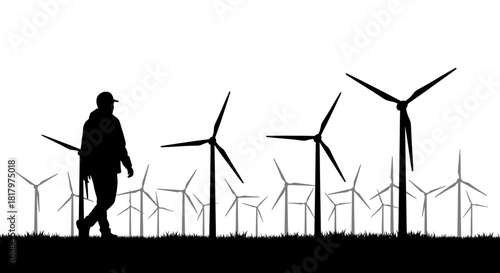 Determined engineer inspects vast wind farm, symbolizing clean energy future and industrial innovation