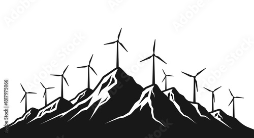 Stunning silhouette of wind turbines on rugged mountain peaks, symbolizing renewable energy and environmental power generation
