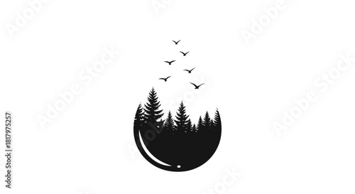 Elegant black silhouette captures a serene forest scene with birds taking flight against a clean white background, evoking freedom and nature's beauty.