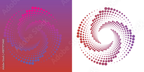 Halftone spiral patterns abstract dotted vortex design elements with gradient colors suitable for backgrounds and modern graphic designs EPS vector