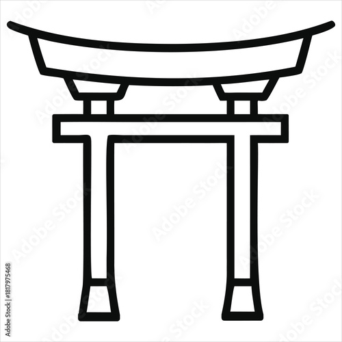 Traditional torii gate structure icon with black outline on white background representing japanese architecture in flat design and religious symbol