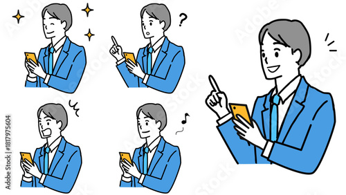 スマホを操作する若いビジネスマン のイラストセット