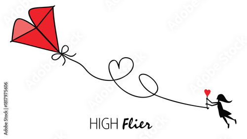 A little girl in silhouette holds a heart shaped balloon while flying a red kite with a heart shaped string