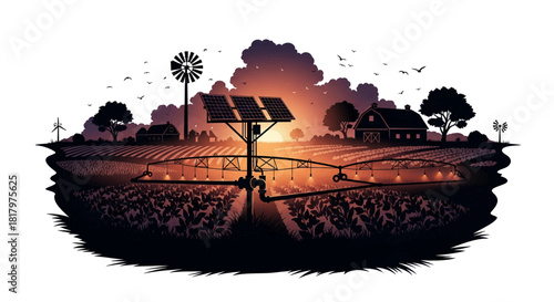 Vibrant farm landscape at sunset showcases modern irrigation, solar power, and windmills powering sustainable agriculture for a bountiful harvest.
