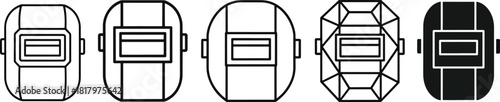 Welding masks icon set featuring five distinct protective headgear designs. vector illustrations for industrial safety, workwear, eye protection, and occupational health. Vector