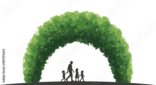 Silhouette family walks under lush green archway symbolizing protection, growth, and nature's embrace for a brighter future.
