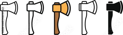 Axe icon set illustration featuring diverse styles like thin line, bold outline, colored wood handle with metal blade, and solid fill vector graphics on white for design. Vector